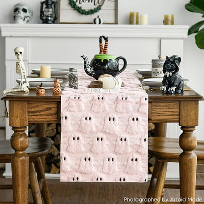 Artoid Mode Pink Ghost Soft Plush Faux Fur Jacquard Halloween Table Runner, Holiday Kitchen Dining Table Decoration for Home Party Decor 13x72 Inch