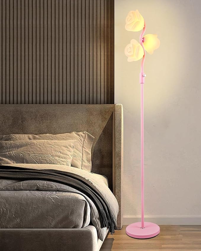 Dimmable Pink Floor Lamp, Unique Cute Flower Standing Lamps with 3 Globe Soft Warm White 3000K Bulbs, Mid Century Modern Floor Lamp for Living Room Bedroom Home Decor