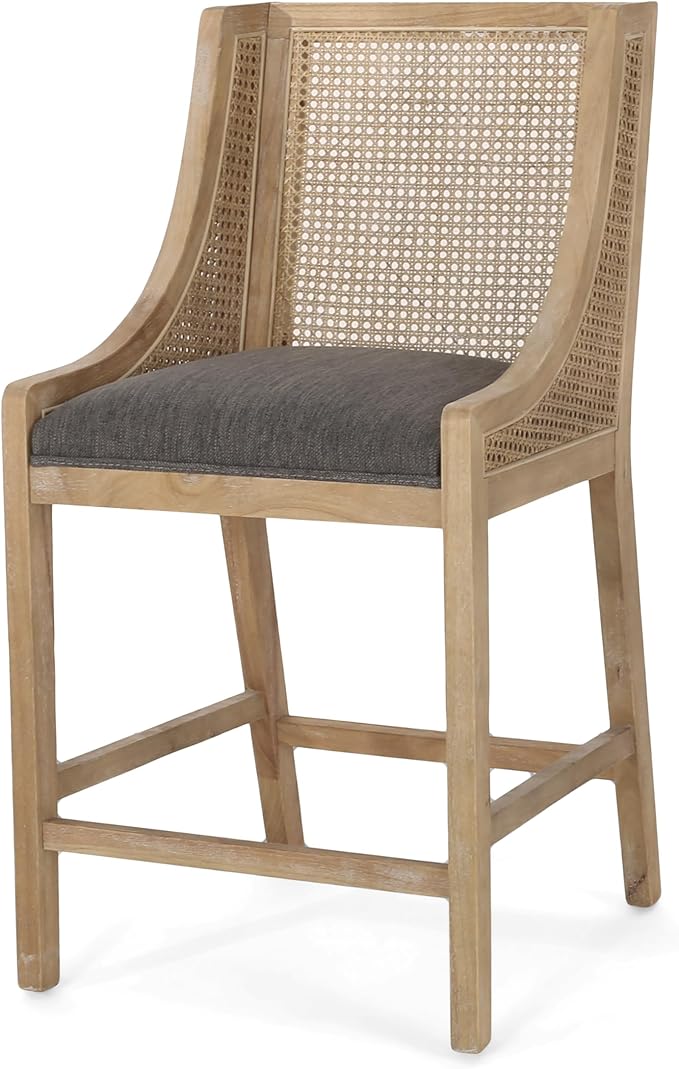 Merax 25.5" Fabric Upholstered Wood and Cane Counter Stools with Backrest,Set of 2,French Country Barstools Chair Dining Chair