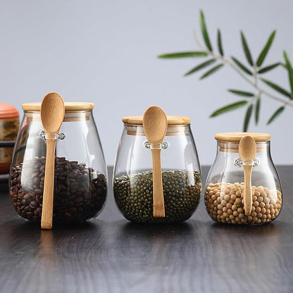 Airtight glass jar storage container with bamboo lid Set of 2, wide mouth, leak-proof, With a spoon, can be used for coffee beans, tea leaves, grains, dried fruits, etc (Small)