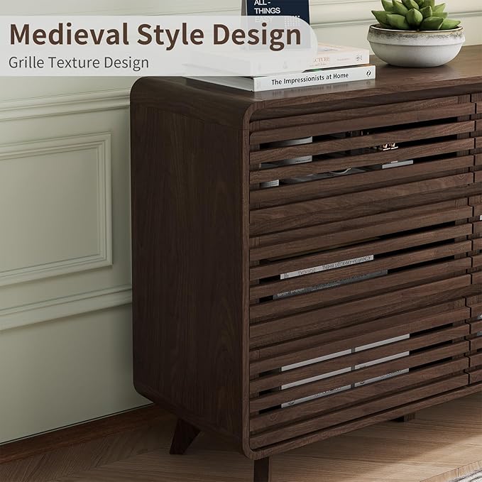 Walnut Dresser for Bedroom, Fluted 6 Drawers Dresser, Wide Chests of Drawers with Grille & Curved Design, Dressers Slides Pre-Installed, Large Wood Drawer Organizer for Bedroom Hallway