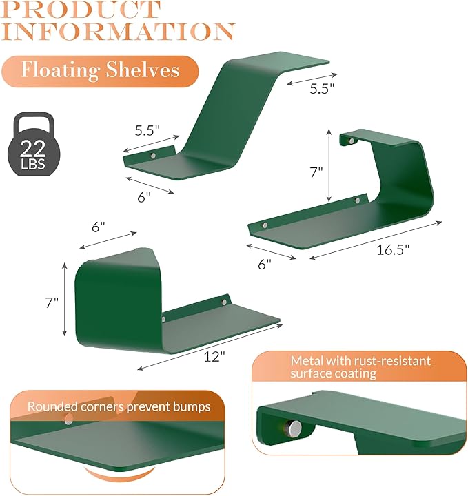 Floating Shelves, Wall Shelf, Set of 3 Mounted Metal Shelves with Unique Design for Wall Storage, Book Shelf, Display Shelves for Bathroom Bedroom Kitchen Living Room for Home Green