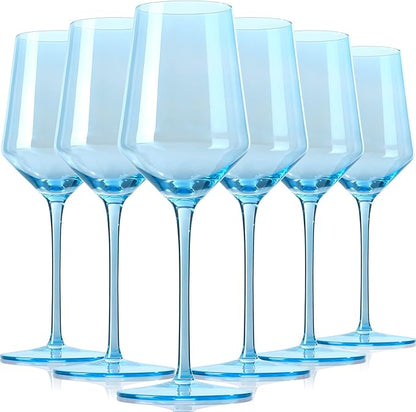 Physkoa Blue Wine Glasses Set 6 - Crystal Blue Wine Stemware with Long Stem and Thin Rim, Perfect for Wedding, Birthday, Anniversary - 15oz