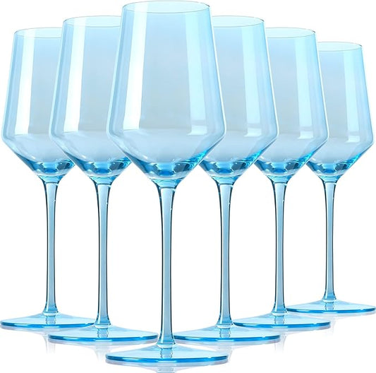 Physkoa Blue Wine Glasses Set 6 - Crystal Blue Wine Stemware with Long Stem and Thin Rim, Perfect for Wedding, Birthday, Anniversary - 15oz