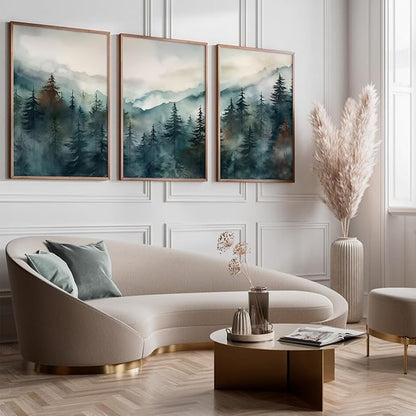 Foggy Forest Wall Art Prints Watercolor Mountain Canvas Wall Decor Landscape Nature Poster Wall Art Abstract Tree Pictures Artwork Modern Painting for Living Room Bedroom 24x36 Inch Unframed Set of 3