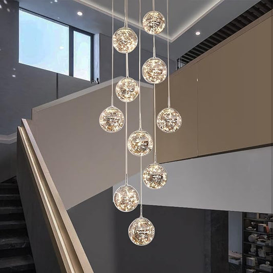 10-Light LED Staircase Chandelier Crystal Ceiling Lights Large Chandeliers for High Ceilings, Entryway Modern Lighting Fixture Villas and Stairs, Adjustable Length 16" W x79 H，50W -Grey