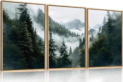 HOURIA Boho Forest Mountain Framed Canvas Wall Art Set,Nature Foggy Woodland Ridge Wall Decor,Misty Pine Tree Artwork,Sage Green Botanical Art Prints for Living Room, Bedroom, Farmhouse-24 x36 x3