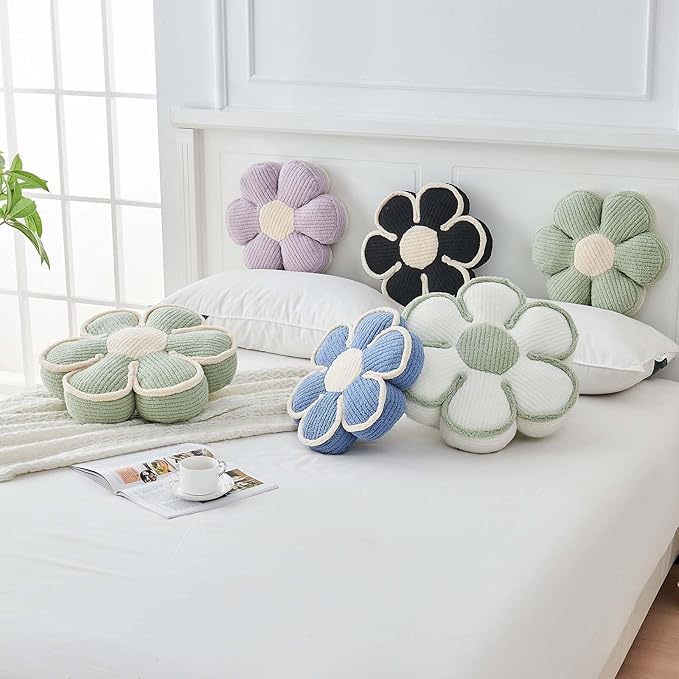Flower Pillow, Soft Flower Decorative Throw Pillow, Cute Daisy Flower Shaped Seating Floor Cushion Room Décor Plush Pillows for Sofa Couch Bed (13.7 Inch, White)