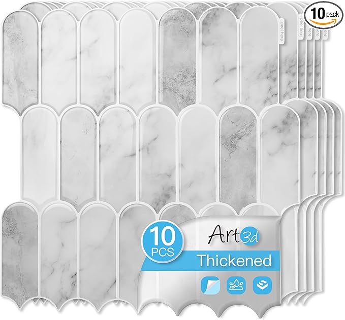 Art3d 12 x 12 Inch Heavy-Duty Peel and Stick Backsplash, Self-adhesive Wall Tiles for Kitchen Bathroom Decor, 10-Pack Gray Marble
