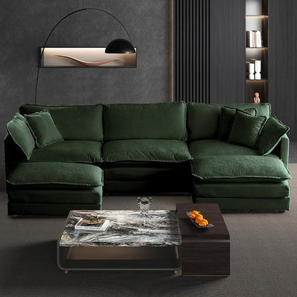 SoarFlash Chenille Sectional Sofa, Comfy L Shaped Modular Coush Sofa with Ottoman, Modern 3 Seat Couch Deep Seat Sofa Set for Living Room,Green