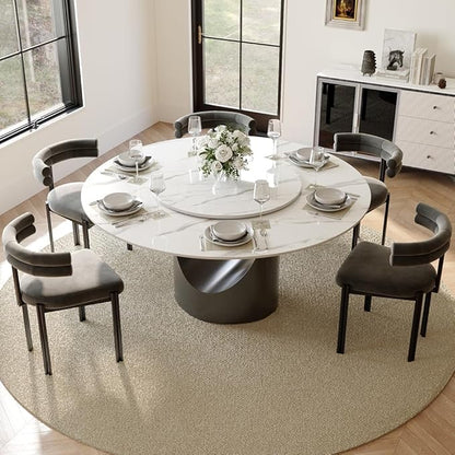 POVISON Round Dining Table for 6, 59" Glossy White Sintered Stone Tabletop Dining Table with 31" Lasy Susan, Grey Carbon Steel Pedestal, Modern Dining Room Table for Kitchen (Table Only)