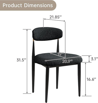 Morden Fort Black Dining Chairs Set of 2, Boucle Chairs with Curved Backrest and Straight Metal Legs for Dining Room, Kitchen, Living Room, Apartment