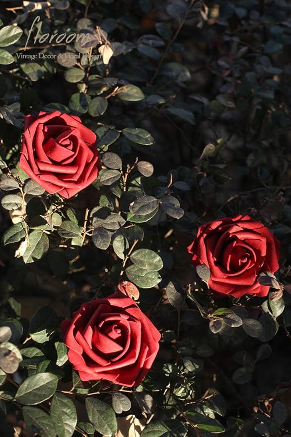 Floroom Artificial Flowers 50pcs Real Looking Dark Red Foam Fake Roses with Stems for DIY Wedding Bouquets Bridal Shower Centerpieces Floral Arrangements Party Tables Home Decorations