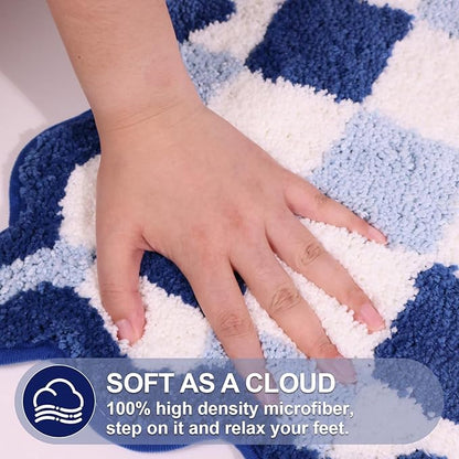 ORTIGIA Cute Blue Checkered Scalloped Bath Mat, Fun Plush Microfiber Bathroom Rugs Non Slip Washable Quick Dry Absorbent, Bath Rug for Shower Stall Vanities Kitchen Floor Entrance, 20x32