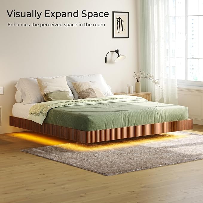 Tatub Walnut King Floating Bed Frame with LED Lights, Fluted Mid Century Modern Floating Platform Bed with Heavy Duty Metal Slats, No Box Spring Needed