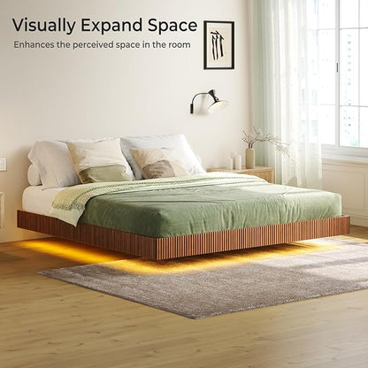 Tatub Walnut King Floating Bed Frame with LED Lights, Fluted Mid Century Modern Floating Platform Bed with Heavy Duty Metal Slats, No Box Spring Needed