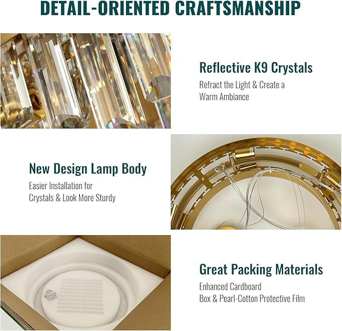 Siljoy Modern Crystal Chandelier 12-Light Brushed Gold 2-Tiers Crystal Raindrop Chandelier Adjustable Flush Mount Pendant Ceiling Light Fixture for Dining Living Room Foyer Entryway D23.6''