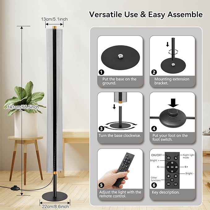 NUÜR Modern Floor Lamp, Dimmable Standing Lamp with Remote Control, Stepless Adjustable Colours & Brightness, Industrial Lighting for Living Room, Bedroom, Office (Floor Lamp for Bedroom)