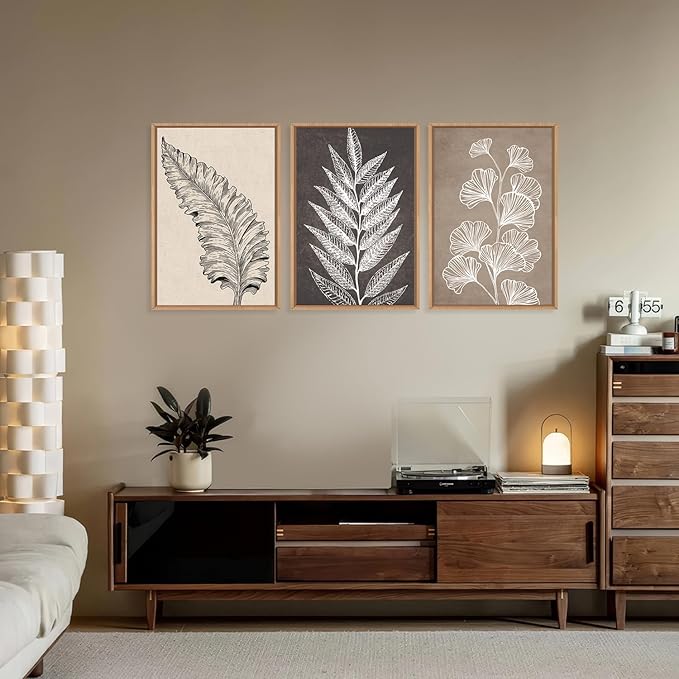 HOURIA Beige Brown Botanical Leaf Framed Canvas Wall Art Set,Modern Natural Leaves Wall Decor,Vintage Minimalist Floral Artwork,Black and White Plant Art Print for Living Room,Bedroom,Office-24"x36"x3