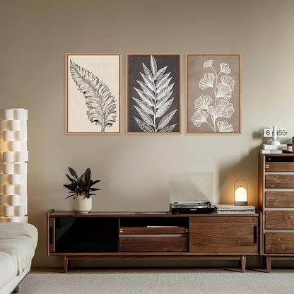 HOURIA Beige Brown Botanical Leaf Framed Canvas Wall Art Set,Modern Natural Leaves Wall Decor,Vintage Minimalist Floral Artwork,Black and White Plant Art Print for Living Room,Bedroom,Office-24"x36"x3