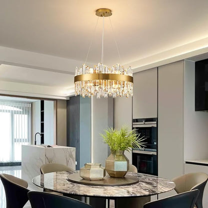 Siljoy Modern Crystal Chandelier, 12-Light Luxury Round 2-Tiers K9 Crystal Raindrop Chandelier, Brushed Brass Gold Crystal Pendant Ceiling Light for Living Dining Room Kitchen Island Foyer D19.7''