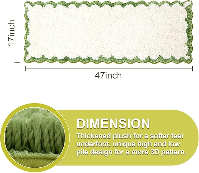 ORTIGIA Long Cute Scalloped Bathroom Rugs Runner, Fun White and Green Plush Microfiber Scallop Bath Mats Non Slip Washable Quick Dry Absorbent, Rug for Bathtub Sink Laundry Room Bedroom, 17x47