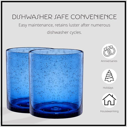Artland 14oz Double Old Fashion Glass, Set of 4 | Iris Seeded Design, Cobalt Blue | Drinking Glass for Parties and Everyday Use - Mojito, Whiskey, Cocktail | Glassware & Barware Essentials