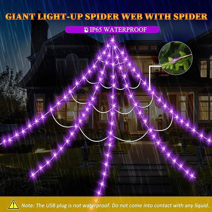 Halloween Decorations Outdoor, Spider Web Lights 250 LED Lighted Spider Web 16.4Ft Giant Halloween Decorations Light up, 8 Lighting Modes Waterproof & Timer for Indoor Haunted House Yard Decor, Purple