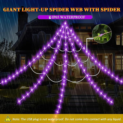 Halloween Decorations Outdoor, Spider Web Lights 250 LED Lighted Spider Web 16.4Ft Giant Halloween Decorations Light up, 8 Lighting Modes Waterproof & Timer for Indoor House Haunted Yard Decor, Purple