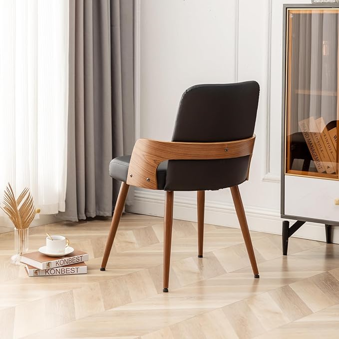 Dining Room Chairs,Mid Century Modern Kitchen Chairs,Upholstered Faux Leather Chairs,Metal Legs Wooden Desk Chairs,Armless and No Wheels for Kitchen Dining Living Room,Black,1PCS
