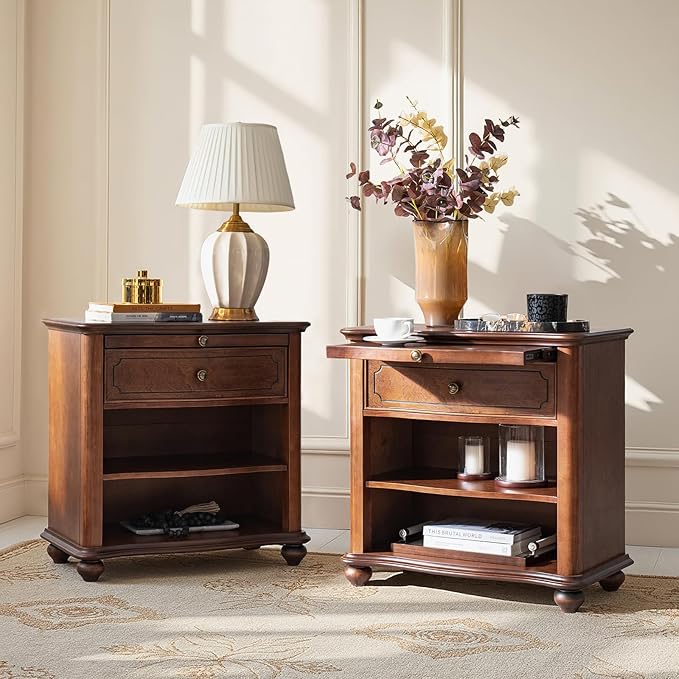 HULALA HOME Wooden Nightstand with Pull-Out Shelf, Mid Century Modern Nightstand with Solid Wood Drawers and Legs, Adjustable Storage Set of 2, Brown