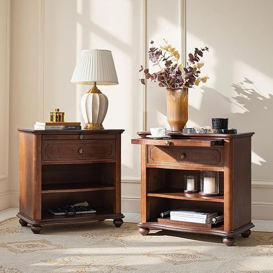 HULALA HOME Wooden Nightstand with Pull-Out Shelf, Mid Century Modern Nightstand with Solid Wood Drawers and Legs, Adjustable Storage Set of 2, Brown