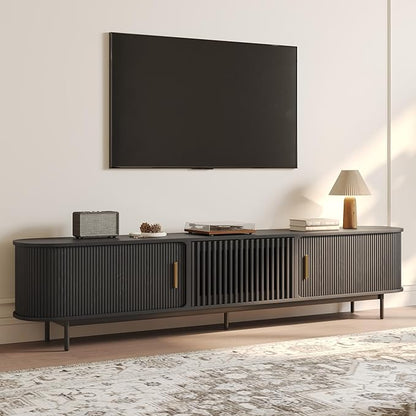POVISON Fully-Assembled Mid Century Modern TV Stand for 75+ inch TV, Sliding Door Entertainment Center with Storage, Wood TV Console, Media Console for Living Room Bedroom(Black, 94.49")