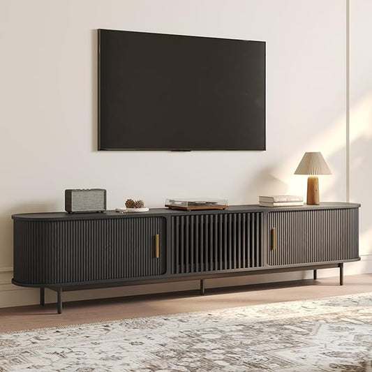 POVISON Fully-Assembled Mid Century Modern TV Stand for 75+ inch TV, Sliding Door Entertainment Center with Storage, Wood TV Console, Media Console for Living Room Bedroom(Black, 94.49")