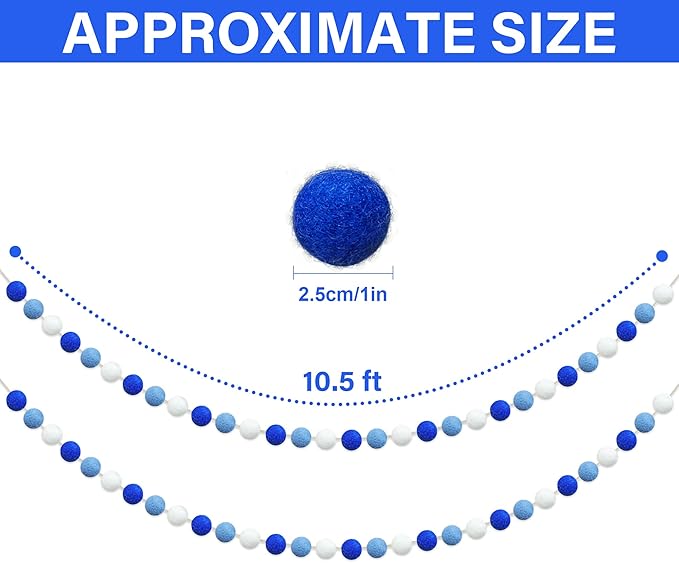 60 Balls Hanukkah Felt Ball Garlands - Hanukkah Decorations- Chanukah Blue Dark Blue White Pom Pom Garlands for Home Tree Menorah- Chanukah Party Indoor Outdoor Home Office Hanging Decor- 25mm
