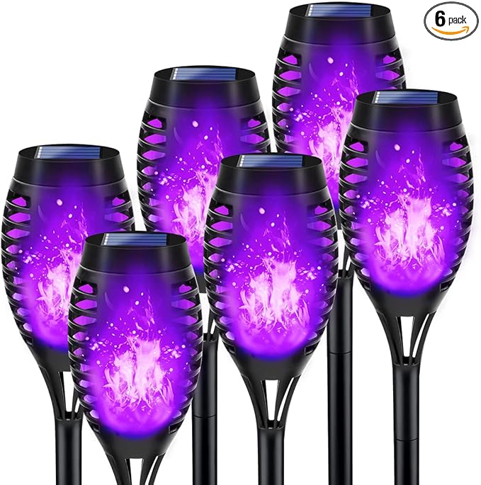 Purple Solar Halloween Lights for Halloween Decorations Outdoor, Solar Torch Lights Flickering Flame for Yard Decorations Outdoor, Waterproof LED Torch Light for Garden Pathway Party Outside Decor