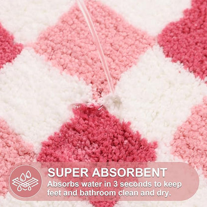 ORTIGIA Cute Pink Checkered Scalloped Bath Mat, Fun Plush Microfiber Bathroom Rugs Non Slip Washable Quick Dry Absorbent, Bath Rug for Shower Stall Vanities Kitchen Floor Entrance, 20x32