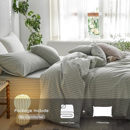 MooMee Striped Duvet Cover Set 100% Washed Cotton Linen Like Textured Breathable Durable Soft Comfy (Sage Green White Wide Stripes, Twin 68"x90")