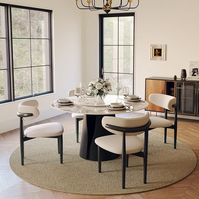 POVISON Round Dining Table for 4, 47" Modern Dining Table with 23" Lazy Susan, Pandora Sintered Stone Dining Tabletop with Black Carbon Steel Pedestal(Dining Table Only)