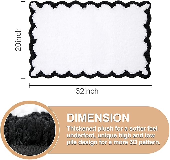 ORTIGIA Cute Scalloped Bathroom Rugs Non Slip Washable, Quick Dry Absorbent Plush Microfiber Bath Mats, Fun White and Black Bathmat for Bath Room Bathtub Shower, Floor for Sink Bedroom, 20x32
