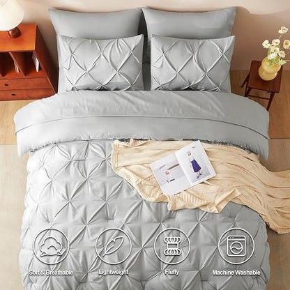 CozyLux Twin XL Comforter Set Light Grey, 5 Pieces Twin Extra Long Pintuck Bed in A Bag for College Dorm, Pinch Pleat Bedding Set with Comforter, Sheets, Pillowcase & Sham