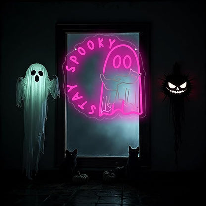 Ghost holding a cat Stay Spooky Neon Sign, Funny Halloween Party Wall Decor, Spooky Season Room Sign for Boo Wall Decor Neon Light for Bar Man Cave Home Yard Decoration Funny Spooky Vibes-Pink