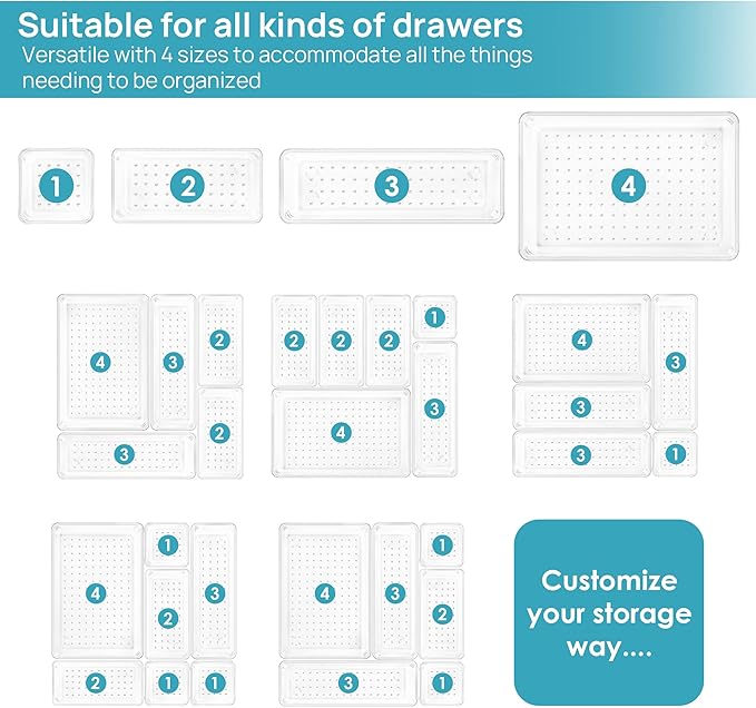 Vtopmart 25 PCS Clear Plastic Drawer Organizers Set, 4-Size Versatile Bathroom and Vanity Drawer Organizer , Storage Bins for Makeup, Bedroom, Kitchen Gadgets Utensils and Office