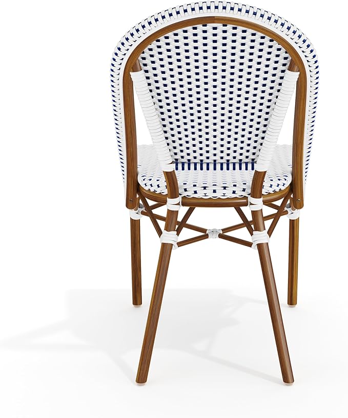 Martha Stewart Lily Pond Indoor-Outdoor Stackable Aluminum Bistro Outdoor Chair with Natural Woodgrain Frame Finish and White/Navy Woven Rattan Backrest and Seat