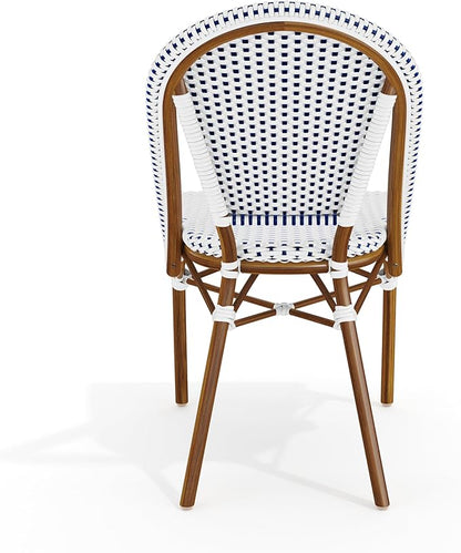Martha Stewart Lily Pond Indoor-Outdoor Stackable Aluminum Bistro Outdoor Chair with Natural Woodgrain Frame Finish and White/Navy Woven Rattan Backrest and Seat