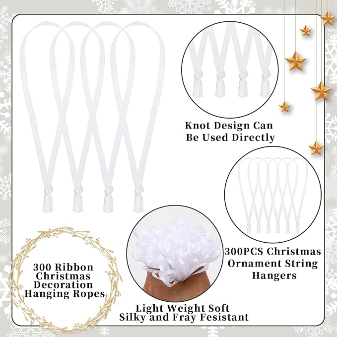 JUNEBRUSHS 300Pcs Christmas Ornament Ribbon Hangers, Hand Tied Ornaments String Ties Ornament Loops Thin Ribbon for Christmas Tree Hanging Decoration White