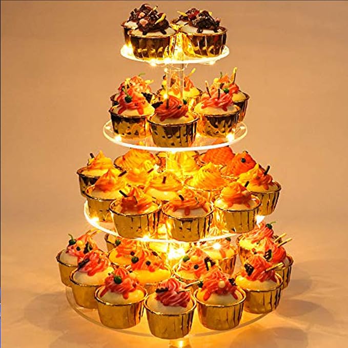 YestBuy 4 Tier Round Cupcake Stand, Cupcake Holder, 4 Tier Cupcake, Acrylic Cake Tower Stand Display for Pastry + LED Light String, Ideal for Weddings, Birthday Parties (Yellow)