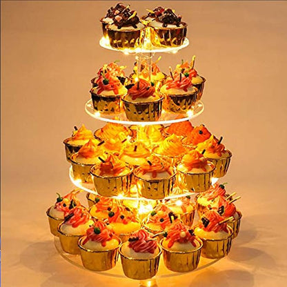 YestBuy 4 Tier Round Cupcake Stand, Cupcake Holder, 4 Tier Cupcake, Acrylic Cake Tower Stand Display for Pastry + LED Light String, Ideal for Weddings, Birthday Parties (Yellow)
