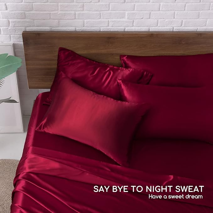 MR&HM Satin Bed Sheets, King Size Sheets Set, 6 Pcs Silky Bedding Set with 15 Inches Deep Pocket for Mattress (King, Burgundy)