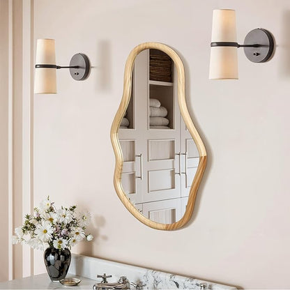 LuxenHome Asymmetrical Natural Wall Mirror for Bathroom, Large Irregular Oval Modern Decorative Vanity Mirror with Solid Wood Frame, Wall Mounted Hanging Sculptures for Living Room Bedroom Entryway